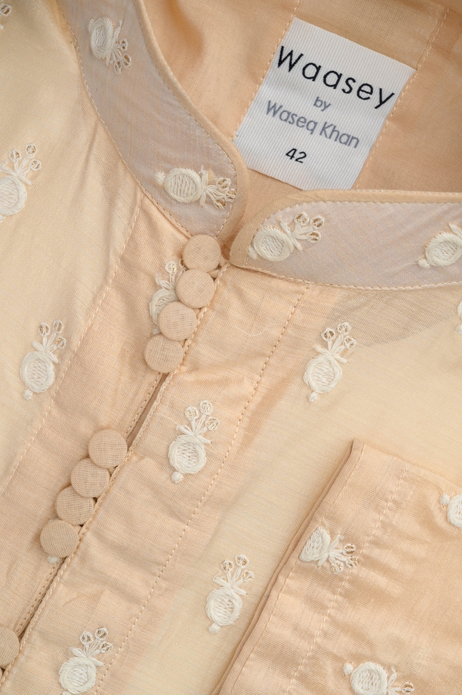 Peach Embroidered-Motif Panjabi with Collar Detail